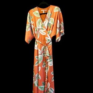 Anthropologie Bali Maxi Wrap silky dress with Hugh low hem. 1X